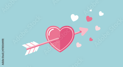 Heart pierced by arrow surrounded by smaller hearts on blue background.