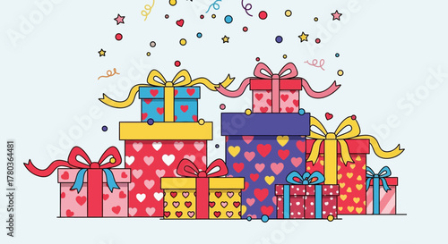 Colorful Stack of Gift Boxes with Ribbons and Confetti.