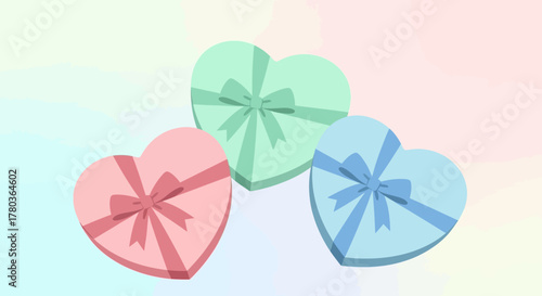 Pastel Heart-Shaped Gift Boxes with Ribbons for Valentines Day.