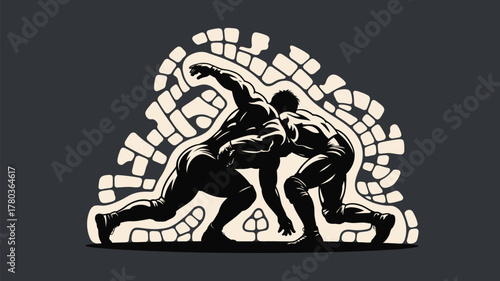 Dynamic wrestling match in action, powerful athletes competing with strength and skill, intense competitive sport, vintage style, ideal for sports branding