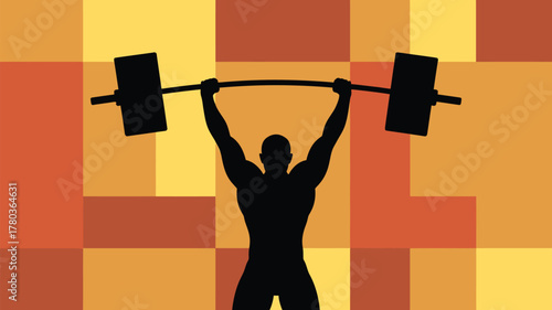 Dynamic silhouette of weightlifter lifting barbell against a modern geometric background, perfect for fitness promotions and motivational campaigns now