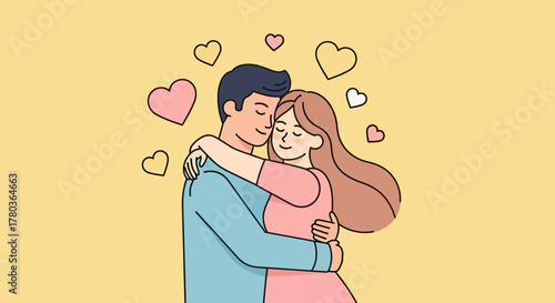 Romantic Embrace - A Couple Surrounded by Hearts Expressing Love.