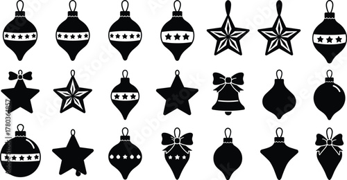 Black Christmas ornament, star, bell, and bauble vector silhouettes, festive holiday decoration icons, minimalist Christmas design elements for digital art, crafts