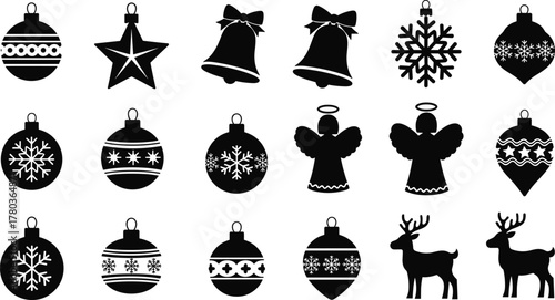 Black Christmas ornament vector collection with stars, bells, angels, reindeer, and snowflakes, festive holiday decoration silhouette design set