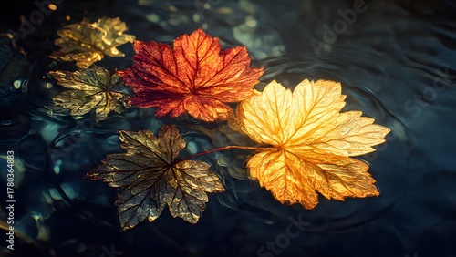 Autumn leaves on water surface, illuminated by sunlight, creating a serene scene