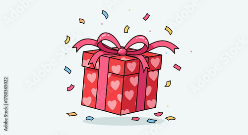 Festive Gift Box with Hearts and Ribbon Surrounded by Confetti.