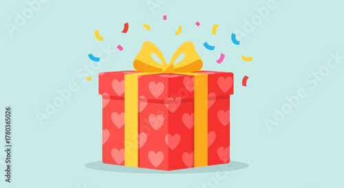 Festive Red Gift Box with Hearts and Yellow Ribbon.