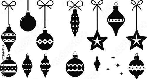 Christmas bauble and star ornament silhouettes, festive black and white decoration icons, minimalist holiday vector clipart for seasonal design
