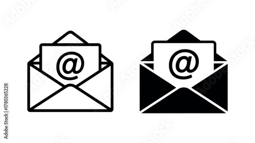 Email Icons Open Envelope with At Symbol - Outline and Silhouette Styles for Communication and Messaging