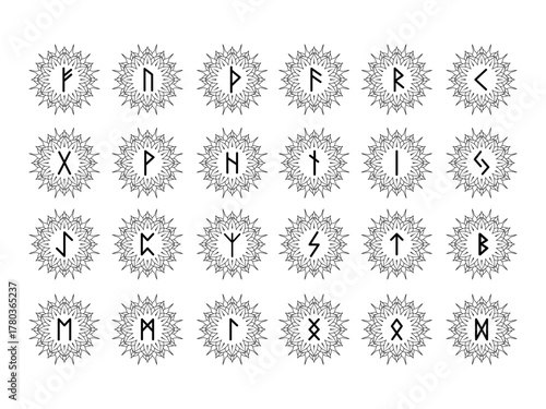 Set of Elder Futhark runes inside mandala star. Black line art vector for spiritual, occult  or Viking themed designs.