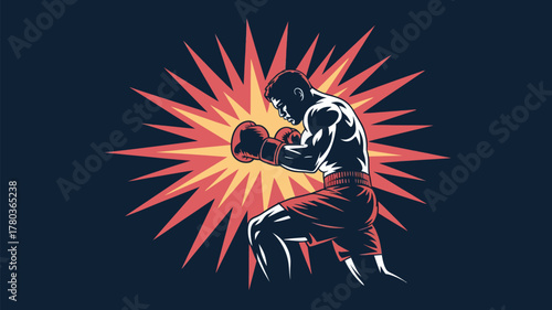 Dynamic boxer silhouette unleashing powerful punch with energy burst graphic for fitness, sports and determination concepts in vibrant retro style