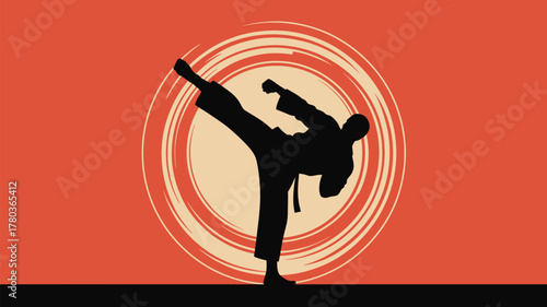 Powerful karate silhouette executing dynamic kick against a retro sunburst background for sports, fitness, and martial arts promotions