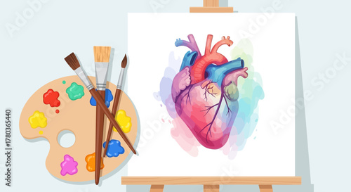 Anatomical Heart Watercolor Painting on Easel with Palette and Brushes.