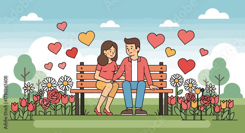 Couple in Love Sitting on Bench Surrounded by Hearts and Flowers.