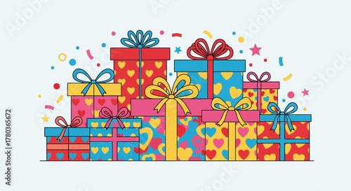 Colorful Stack of Gift Boxes with Ribbons and Confetti.