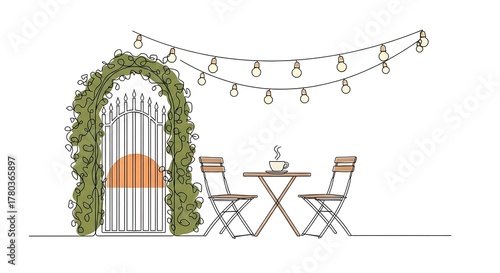 Enchanting garden gate with bistro seating and string lights for a romantic, cozy outdoor escape perfect for relaxation and intimate gatherings
