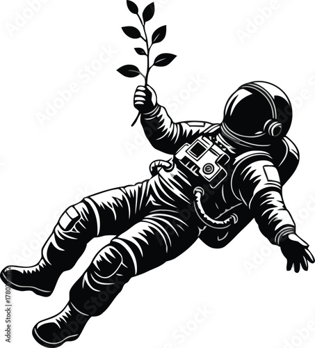Black and white illustration of an astronaut floating with a plant