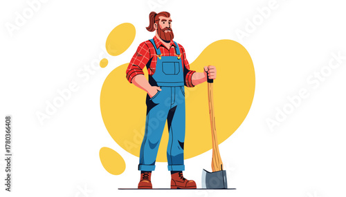 Illustration of a lumberjack with a beard and axe, standing confidently with one hand on his hip and holding an axe