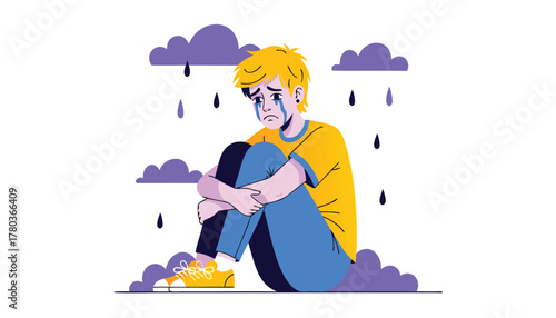 Sad young boy sitting alone in the rain, feeling depressed and lonely