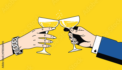 Two hands clinking champagne glasses in a toast, celebrating a special occasion with a pop of bubbly, against a vibrant yellow background