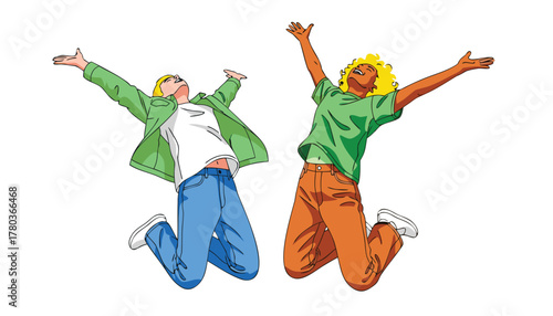 Two joyful young people, a woman and a man, jumping in the air with their arms outstretched