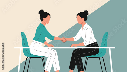 Two women shaking hands across a table, symbolizing agreement, partnership, and successful negotiation in a business context