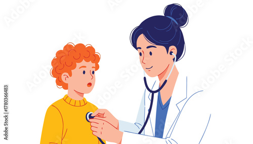 A female doctor with a stethoscope examining a young boy with curly red hair