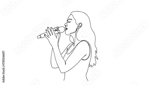 A minimalist line art illustration of a woman singing passionately into a microphone