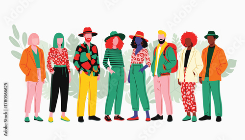A diverse group of stylish people standing together, showcasing modern fashion and individuality