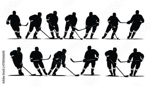 Collection of hockey player silhouettes in various action poses