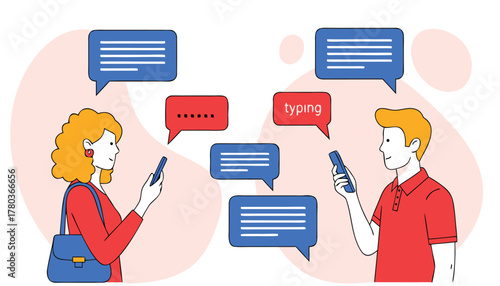 Two people, a woman and a man, texting each other on their smartphones, with speech bubbles showing messages and typing indicator