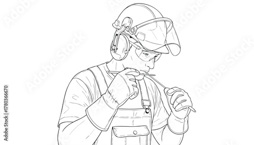 Line art illustration of a worker wearing protective gear including helmet, earmuffs, goggles, and gloves, holding a tool