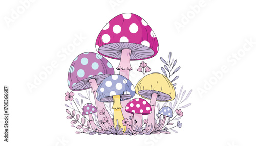 A whimsical collection of colorful, polkadotted mushrooms with delicate flowers and foliage, isolated on a