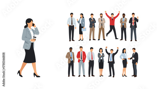 A businesswoman on a phone call walks past a group of diverse professionals standing together