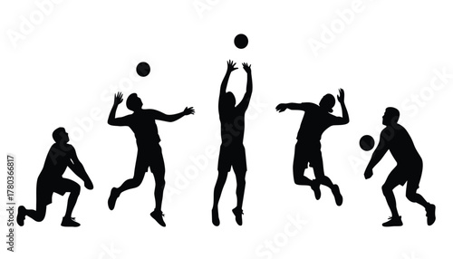 Silhouettes of volleyball players in action