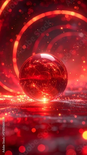 Illuminated fiery orb radiates light within concentric rings