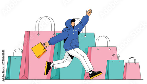 Excited person in blue hoodie running with shopping bags
