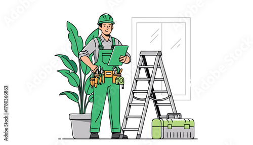 A male construction worker in green overalls and a hard hat stands with a clipboard next to a ladder and toolbox
