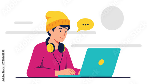 Young person wearing a yellow beanie and headphones, typing on a laptop with speech bubbles