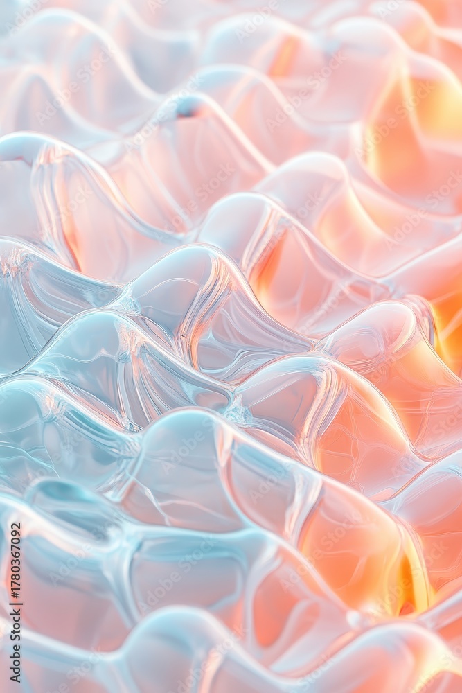 Fototapeta premium Nanotechnology surface with flowing curves in soft pastel colors and light reflections, showcasing microscopic structures and energetic patterns with delicate shimmer.