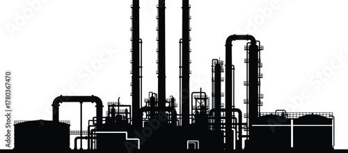 Industrial facility silhouette—refinery with distillation towers, pipes, tanks, and platforms, black vector illustration of chemical plant infrastructure 