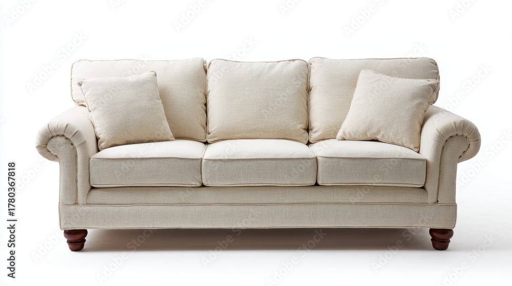 Fototapeta premium Elegant beige sofa with cushions on white background