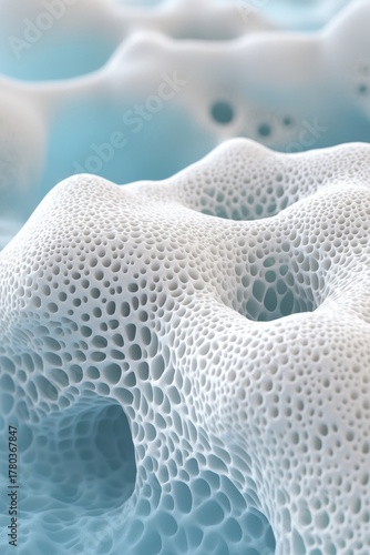 Microscopic intricate white surface with many small pores against a soft blue background, representing nanotechnology and advanced materials.