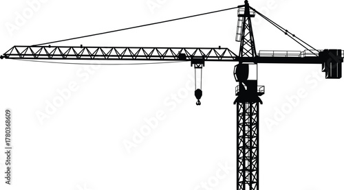 Tower crane icon vector—industrial silhouette with mast, jib, hook, and counterweight for construction and engineering compositions