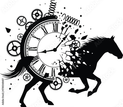 Black silhouette of a horse emerging from a shattering clock with gears