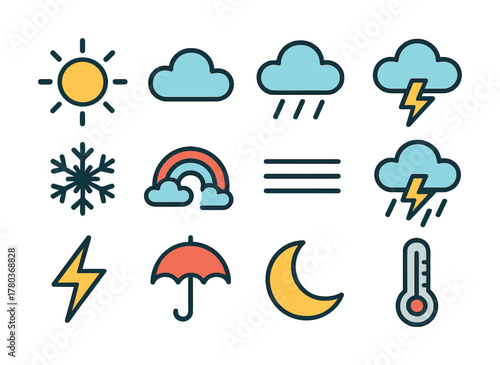 Weather icons: sun, clouds, rain, lightning, snowflake, rainbow, umbrella, moon, thermometer