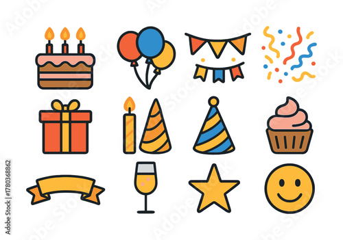 Colorful celebration icons: cake, balloons, confetti, gifts, and more