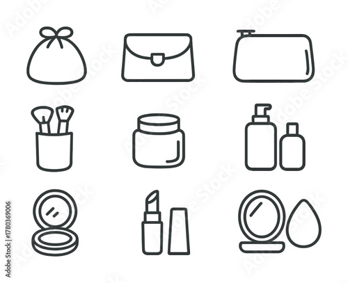 Outline icons of assorted makeup and cosmetic accessories