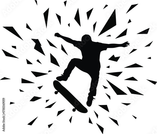 Black silhouette of a skateboarder performing a trick with abstract shapes