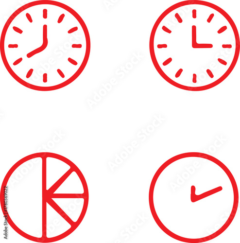 Red Line Time Management Icons Set – Clock, Schedule, and Productivity Concept Illustration